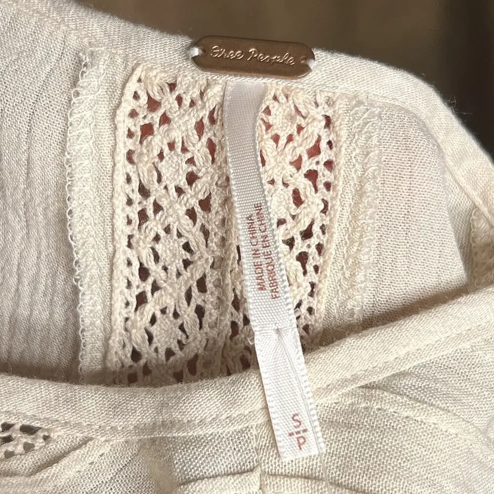 Free People Sweet Treat Mini Shirt Dress Crinkle Long Sleeve Tunic Cream Peasant